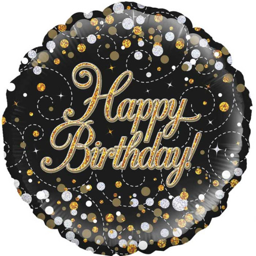 18 inch Sparkling Fizz Birthday Black and Gold Holographic balloon