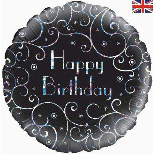 18 inch Birthday Black Swirls Holographic balloon