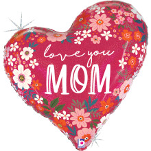 35 inch Mother's Day Floral Heart Foil Shape, Holographic Foil balloon
