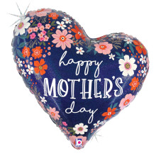 35 inch Mother's Day Floral Heart Foil Shape, Holographic Foil balloon