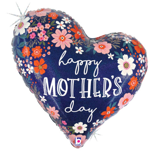 35 inch Mother's Day Floral Heart Foil Shape, Holographic Foil balloon 35 inch Mother's Day Floral Heart Foil Shape, Holographic Foil balloon