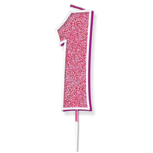 Glitter No.1 Birthday Candle 7.5cm Pink/Silver Glitter
