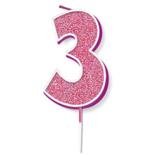 Glitter No.3 Birthday Candle 7.5cm Pink/Silver Glitter