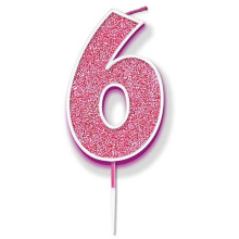 Glitter No.6 Birthday Candle 7.5cm Pink/Silver Glitter