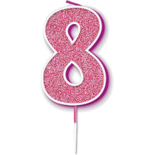 Glitter No.8 Birthday Candle 7.5cm Pink/Silver Glitter