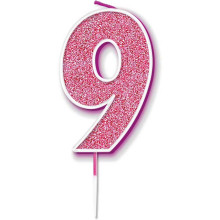 Glitter No.9 Birthday Candle 7.5cm Pink/Silver Glitter