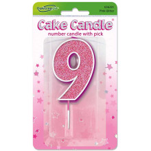 Glitter No.9 Birthday Candle 7.5cm Pink/Silver Glitter