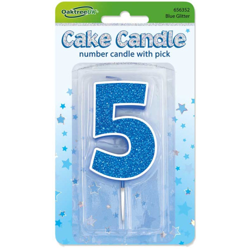 Glitter No.5 Birthday Candle 7.5cm Blue/Silver Glitter
