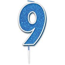 Glitter No.9 Birthday Candle 7.5cm Blue/Silver Glitter