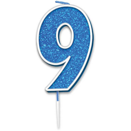 Glitter No.9 Birthday Candle 7.5cm Blue/Silver Glitter