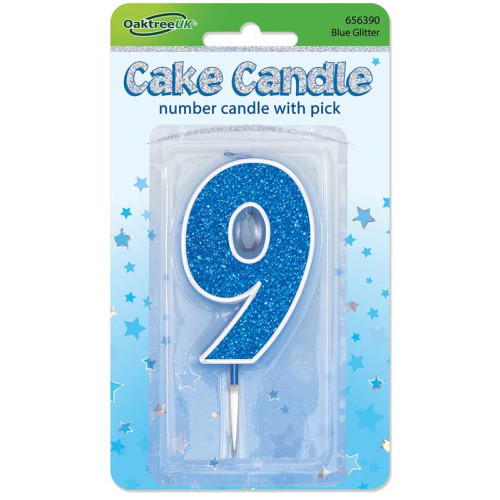 Glitter No.9 Birthday Candle 7.5cm Blue/Silver Glitter