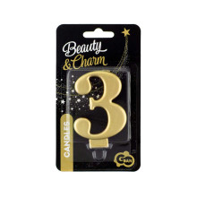 Birthday candle number 3, metallic gold, 8.0 cm