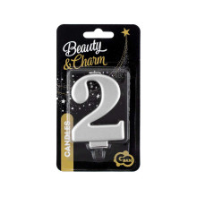 Birthday candle number 2, metallic silver, 8.0 cm