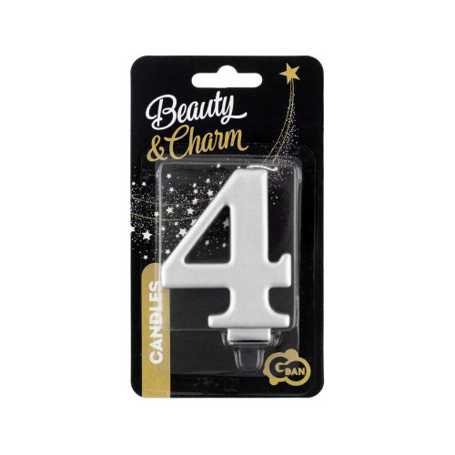 Birthday candle number 4, metallic silver, 8.0 cm