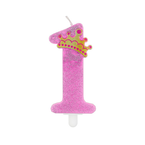 Glitter candle First Birthday, pink, 9 cm Glitter candle First Birthday, pink, 9 cm