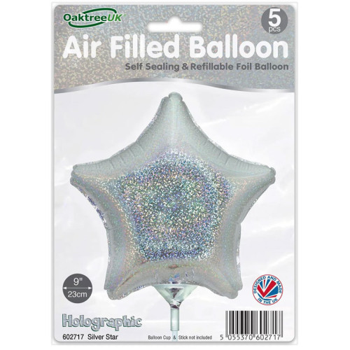 9 inch Holographic Silver Star Packaged x 5pcs foil balloon 9 inch Holographic Silver Star Packaged x 5pcs foil balloon