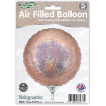 9 inch Holographic Rose Gold Round Packaged x 5pcs foil balloon