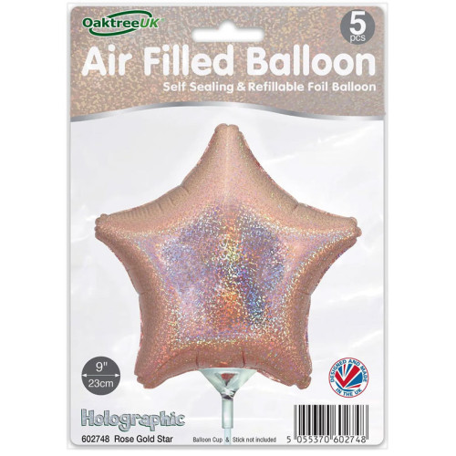 9 inch Holographic Rose Gold Star Packaged x 5pcs foil balloon