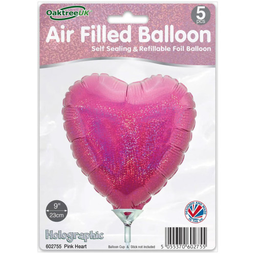 9 inch Holographic Pink Heart Packaged x 5pcs foil balloon 9 inch Holographic Pink Heart Packaged x 5pcs foil balloon
