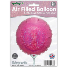 9 inch Holographic Pink Round Packaged x 5pcs foil balloon
