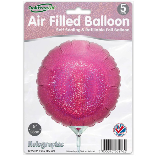 9 inch Holographic Pink Round Packaged x 5pcs foil balloon
