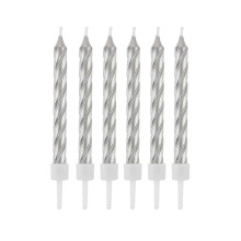 Candles with holders, swirl silver, 8 cm, 12 pcs