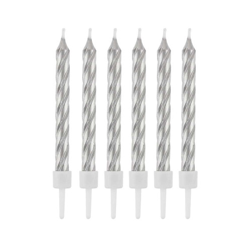 Candles with holders, swirl silver, 8 cm, 12 pcs