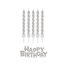 Birthday candles B&C Happy Birthday, silver, 16 pcs