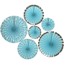 Set of 6 Vibrant light blue and Metallic Hanging Paper Fans