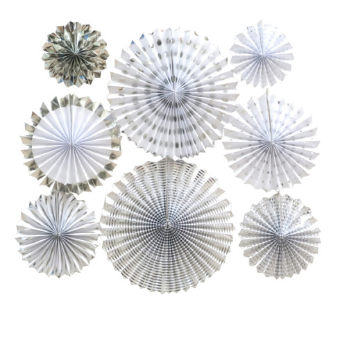 Set of 8 Vibrant Silver and white Metallic Hanging Paper Fans Set of 8 Vibrant Silver and white Metallic Hanging Paper Fans