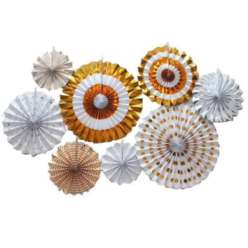 Set of 8 Vibrant gold and white Metallic Hanging Paper Fans style 2
