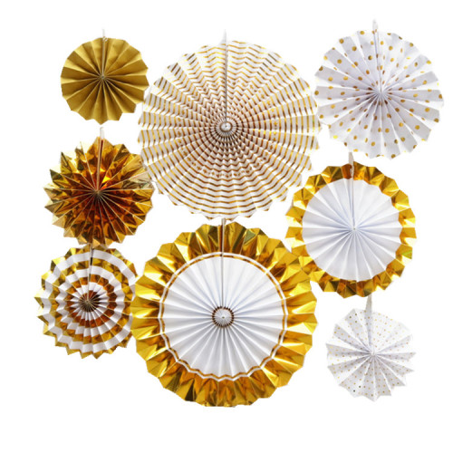 Set of 8 Vibrant gold and white Metallic Hanging Paper Fans style 1 Set of 8 Vibrant gold and white Metallic Hanging Paper Fans style 1