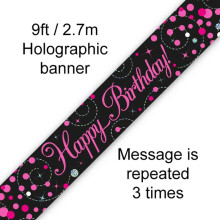 2.7m Sparkling Fizz Birthday Black & Pink Holographic Banner